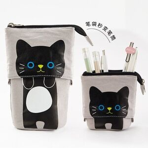 ANGOO Standing Pencil Case Grey Canvas Black Cat storage